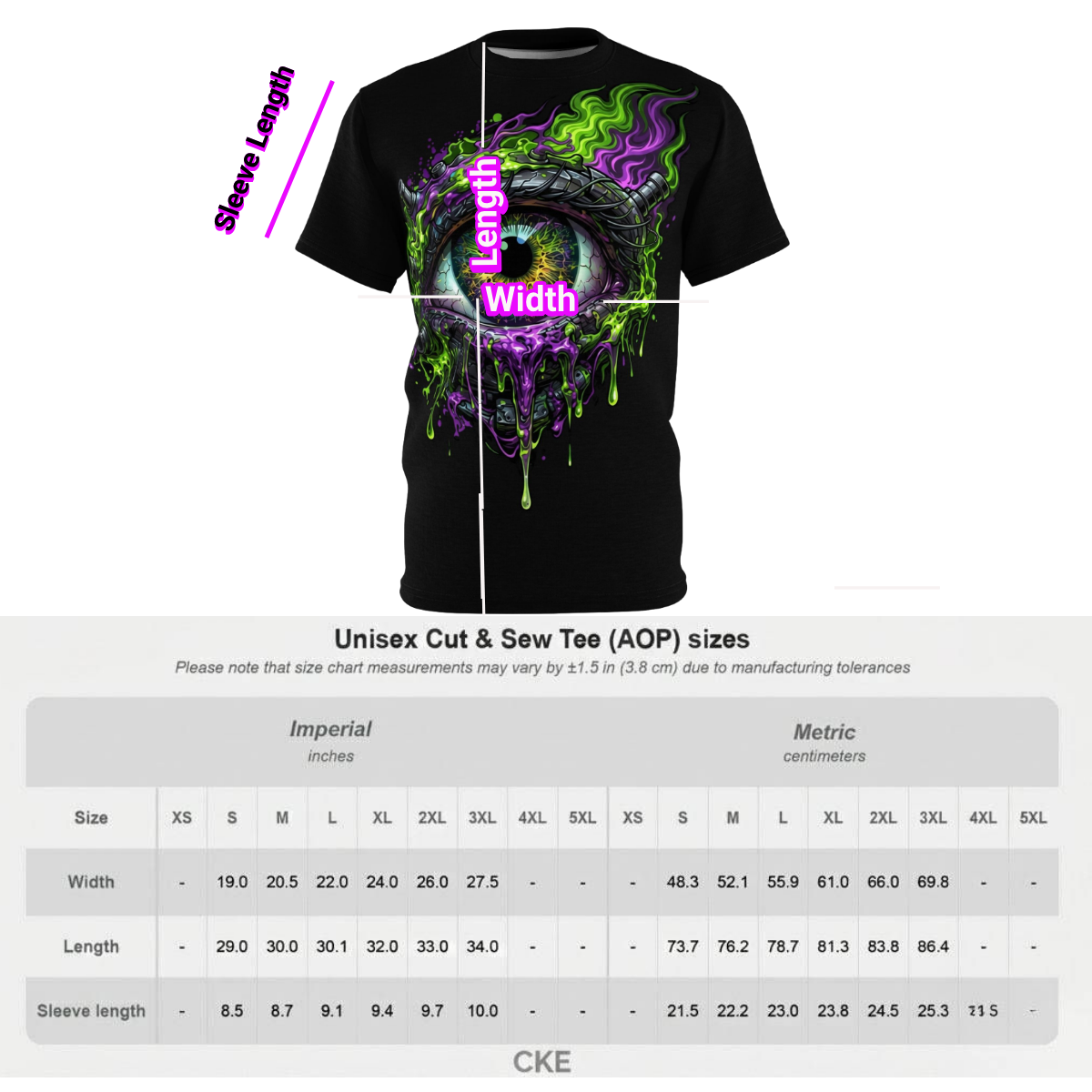 A front-view digital mockup of a black unisex streetwear t-shirt featuring a hyper-realistic, dripping cosmic galaxy eye graphic, sold by Chaos Kitten Emporium.