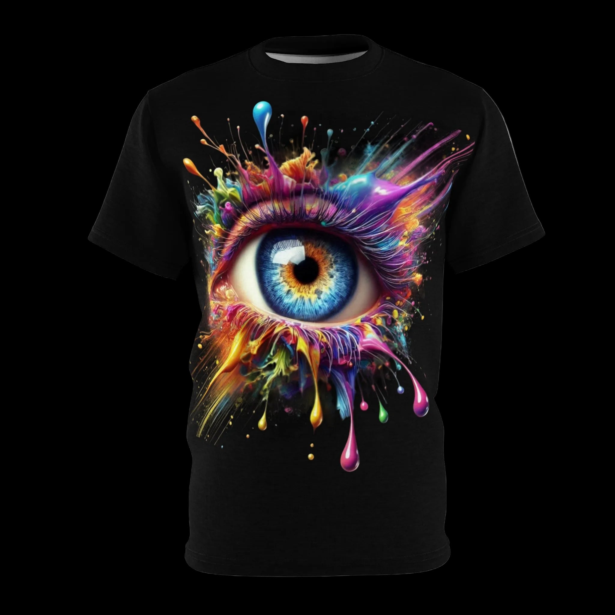 Flat front view of the Vivid Iris graphic tee on a black shirt, showcasing the central hyper-realistic exploding eye design with chromatic paint splatters.