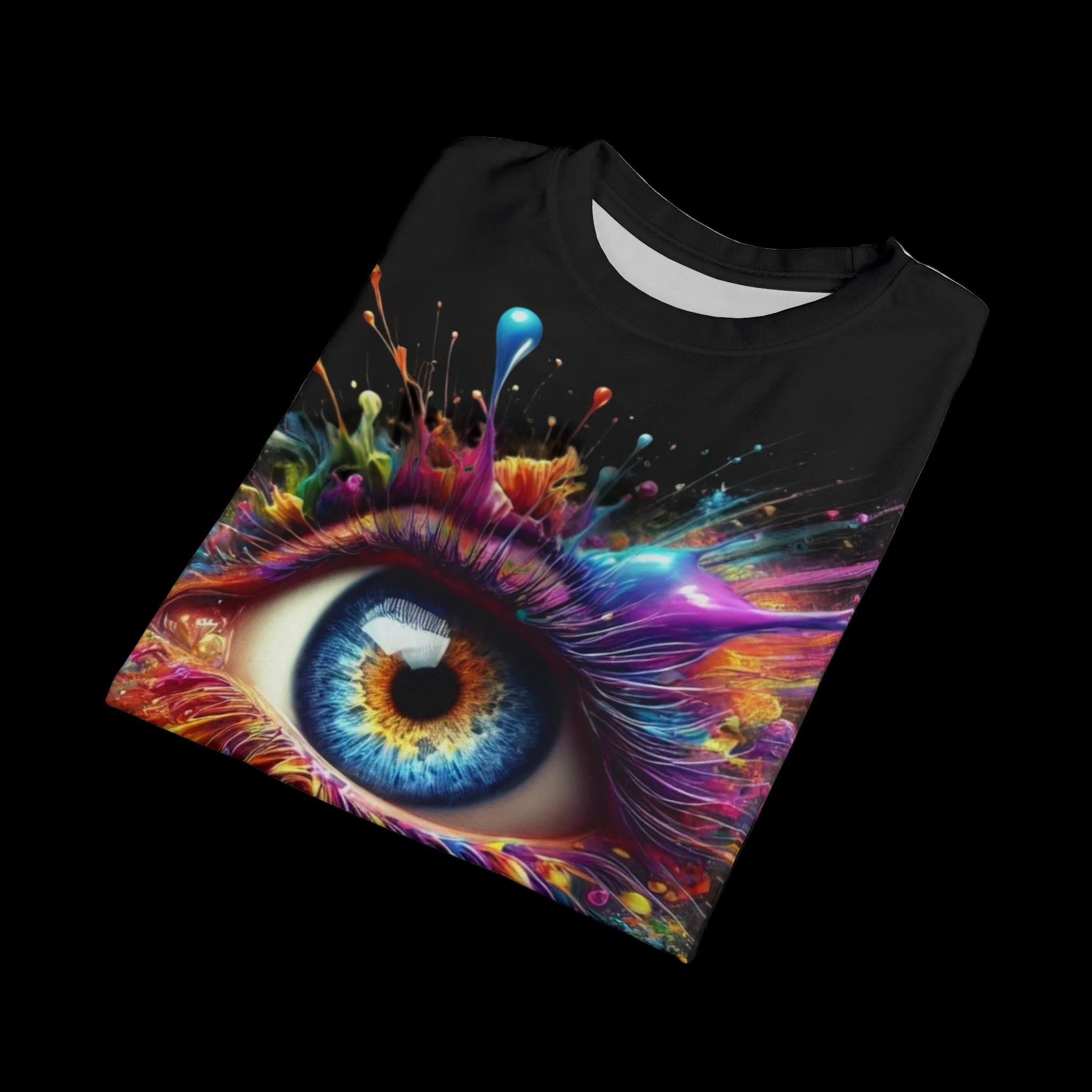 Angled view of a folded Chaos Kitten Emporium Vivid Iris graphic t-shirt, highlighting the high-definition print quality and the vibrant colors of the surrealist exploding eye design.