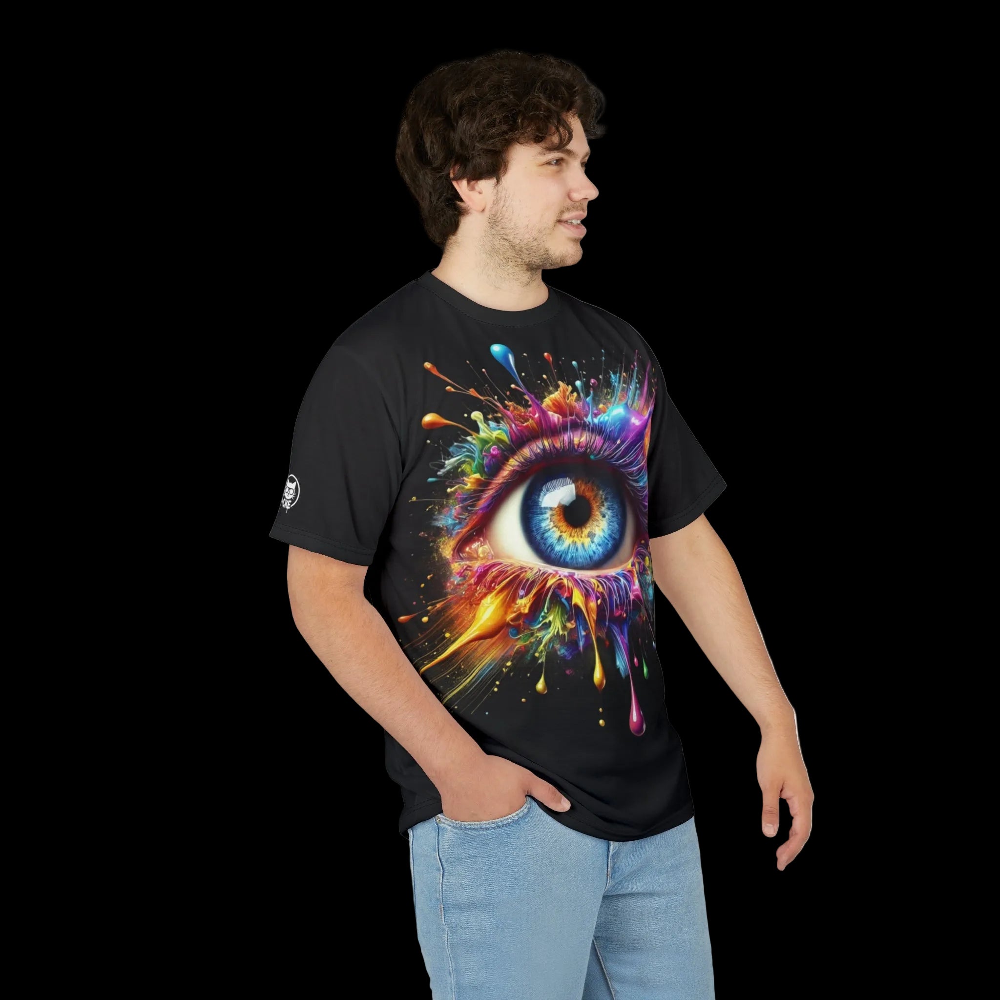 Side profile view of a male model wearing the Chaos Kitten Emporium Vivid Iris graphic tee, showcasing the placement and scale of the exploding eye design on a black t-shirt.