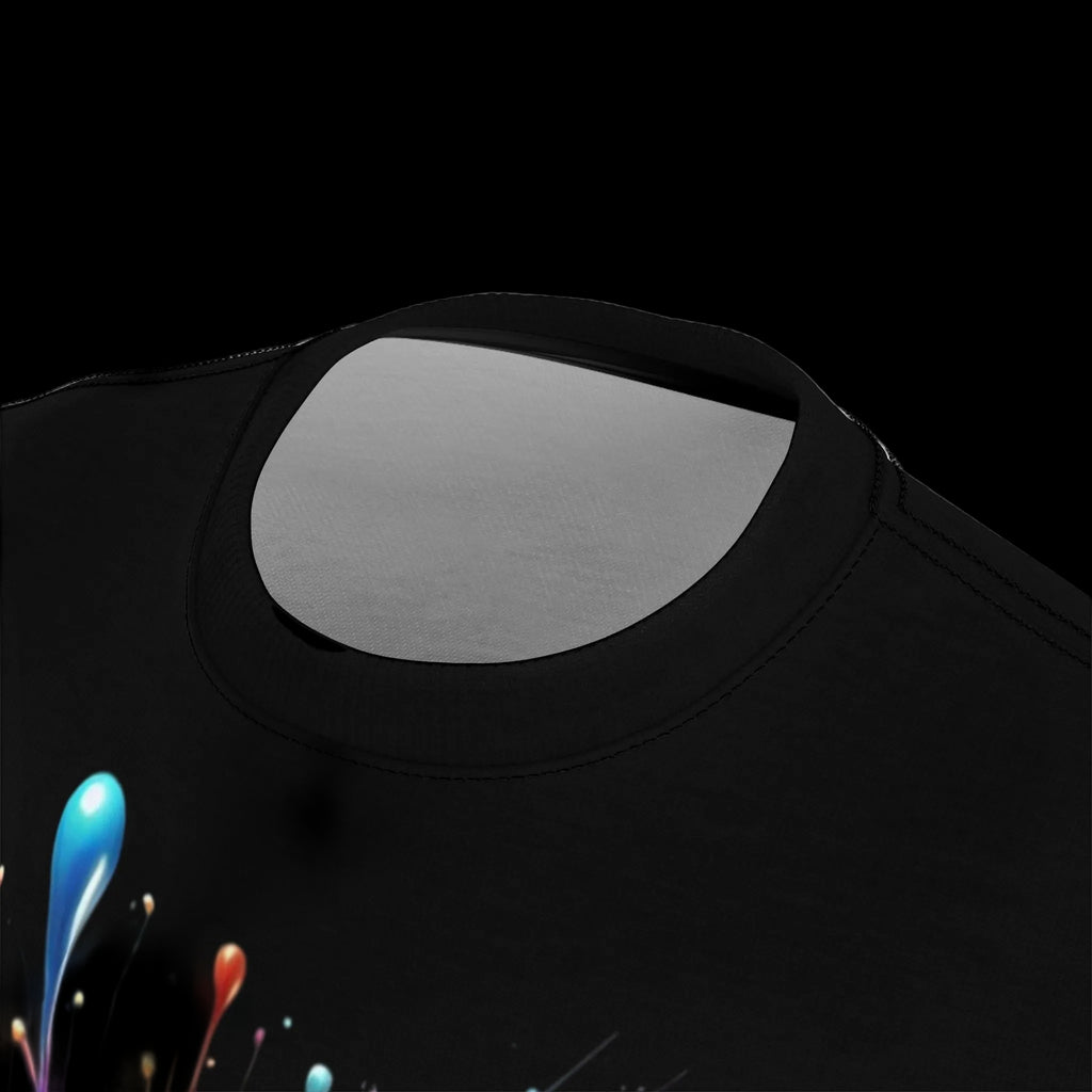 Close-up detail of the crew neck collar and reinforced stitching on the Chaos Kitten Emporium Vivid Iris graphic t-shirt, highlighting the tagless, comfortable construction.