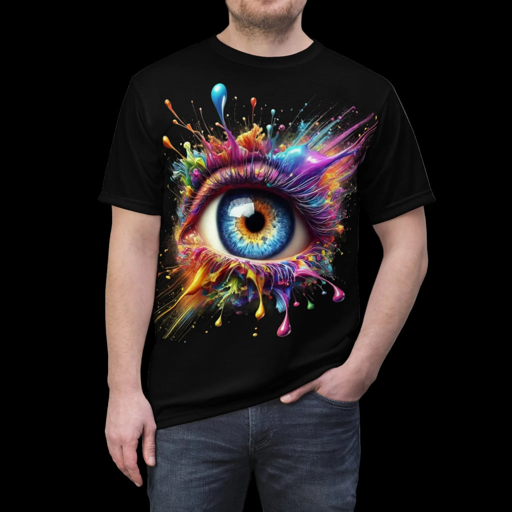 Flat front view of the Vivid Iris graphic tee on a black shirt, showcasing the central hyper-realistic exploding eye design with chromatic paint splatters.