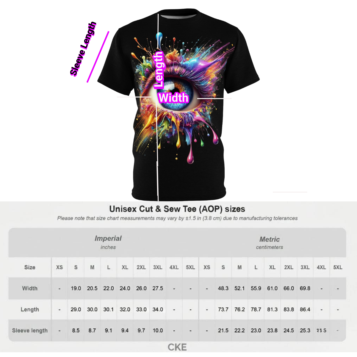 Size chart for Chaos Kitten Emporium unisex cut and sew t-shirts, including width, length, and sleeve measurements in inches and centimeters.