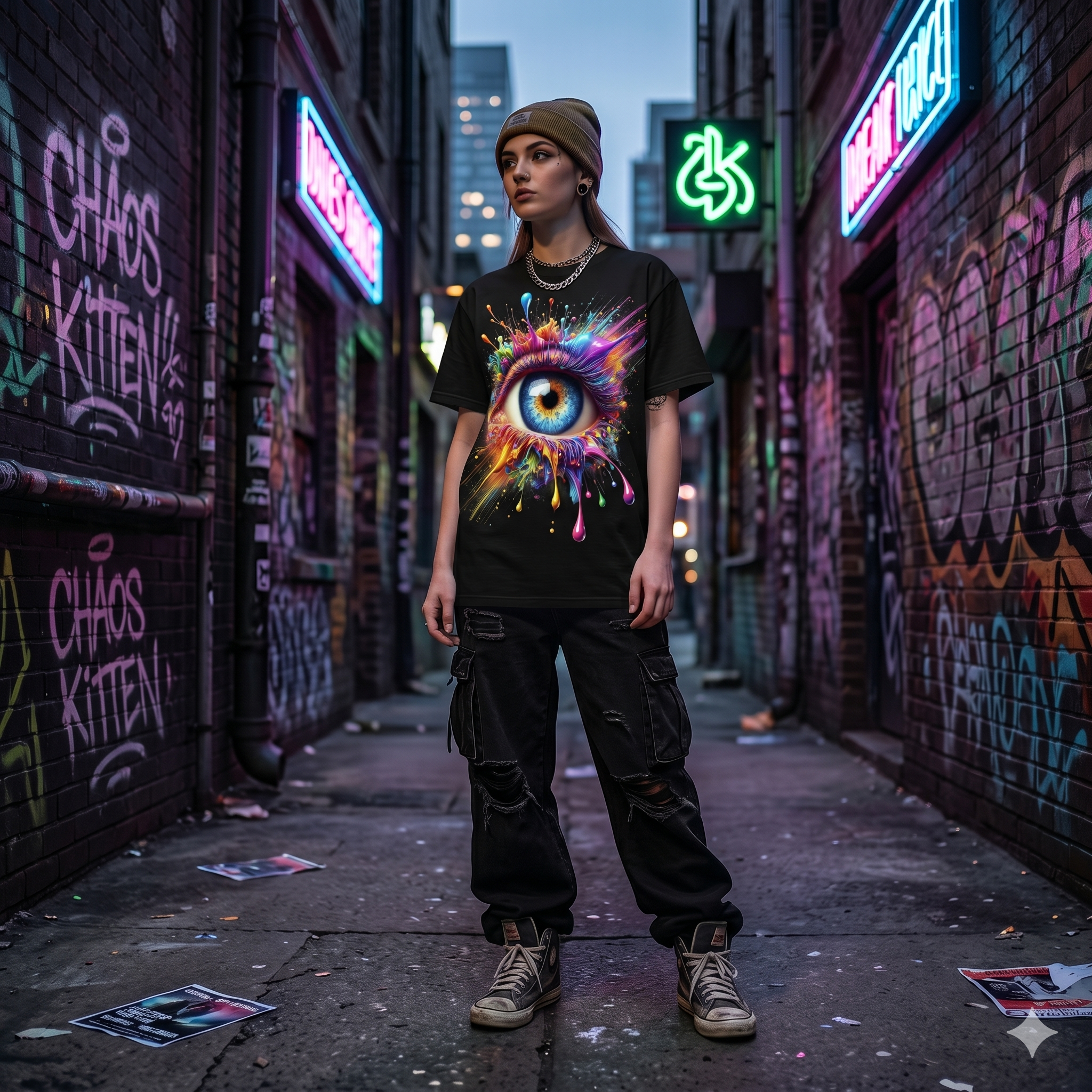 Model wearing the Vivid Iris surrealist graphic tee in a gritty urban alleyway, styled with streetwear cargo pants and beanie, showcasing the electric color contrast of the design.